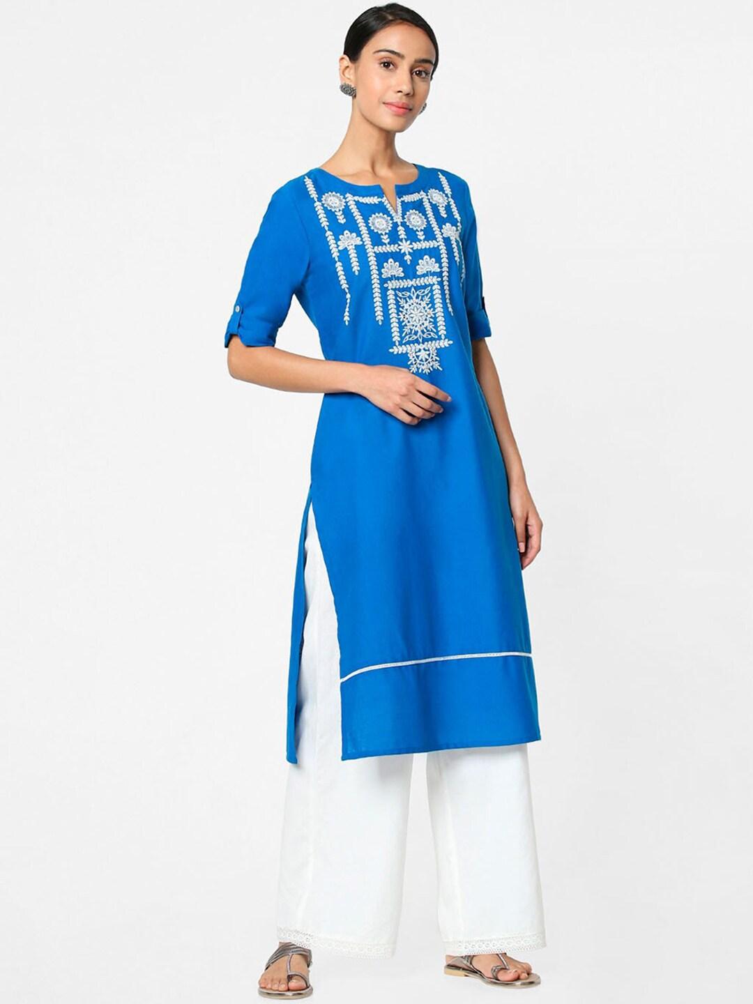 Naari Women Blue & White Ethnic Motifs Embroidered Kurta