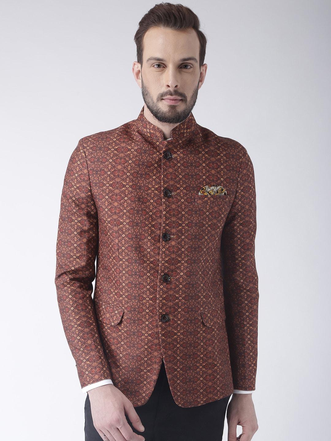 hangup-men-brown-&-red-printed-bandhgala-blazer