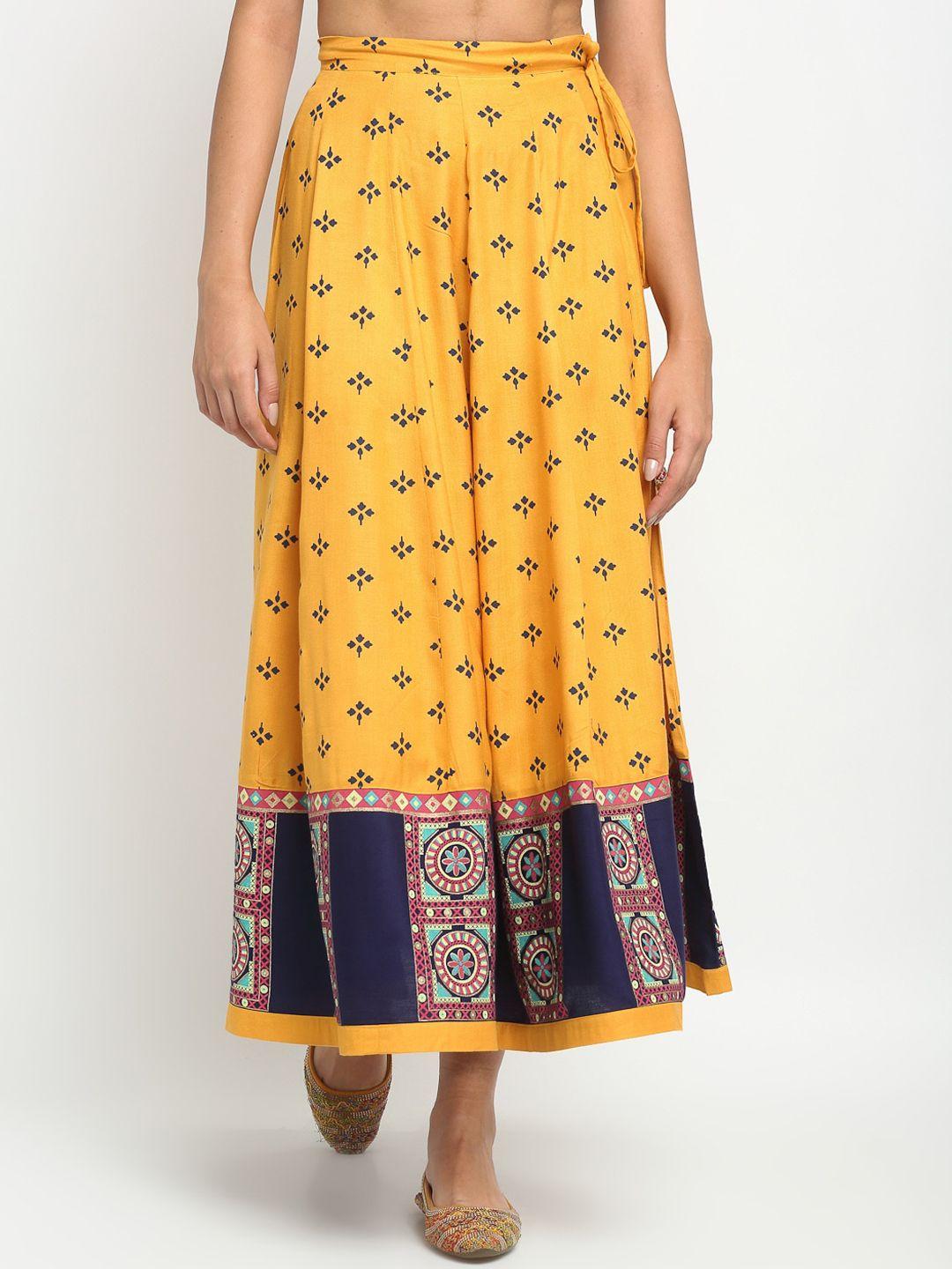 Karmic Vision Women Mustard Yellow & Navy Blue Printed Pure Cotton Flared Maxi Skirt