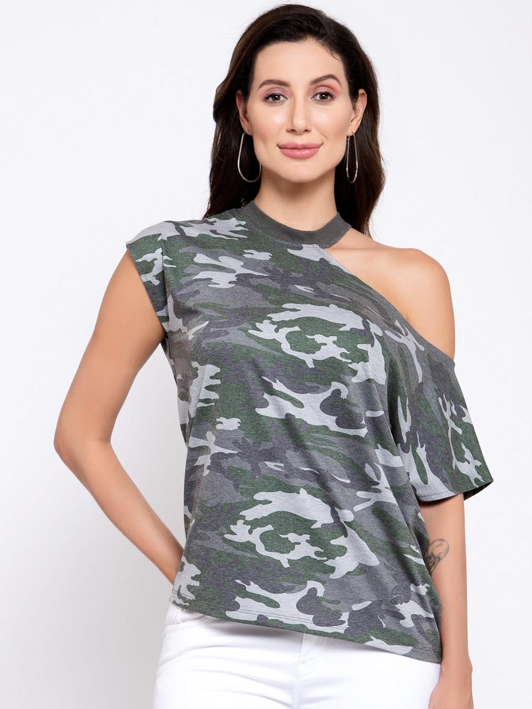 iki-chic-green-camouflage-print-cutout-shoulder-top