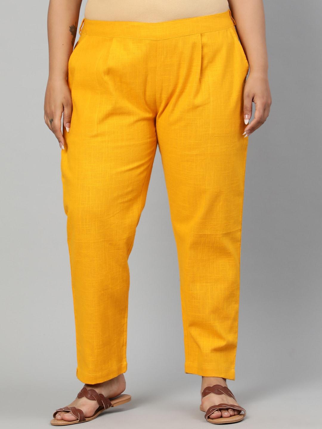 jaipur-kurti-women-mustard-regular-fit-solid-regular-trousers
