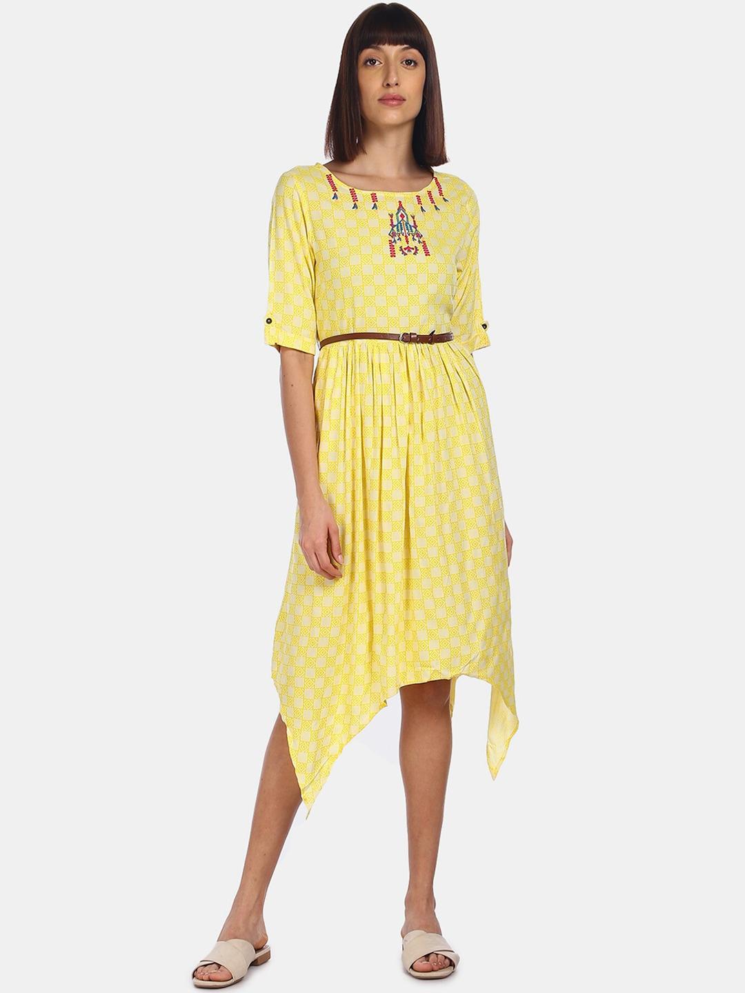 Karigari Women Yellow & White Printed A-Line Dress