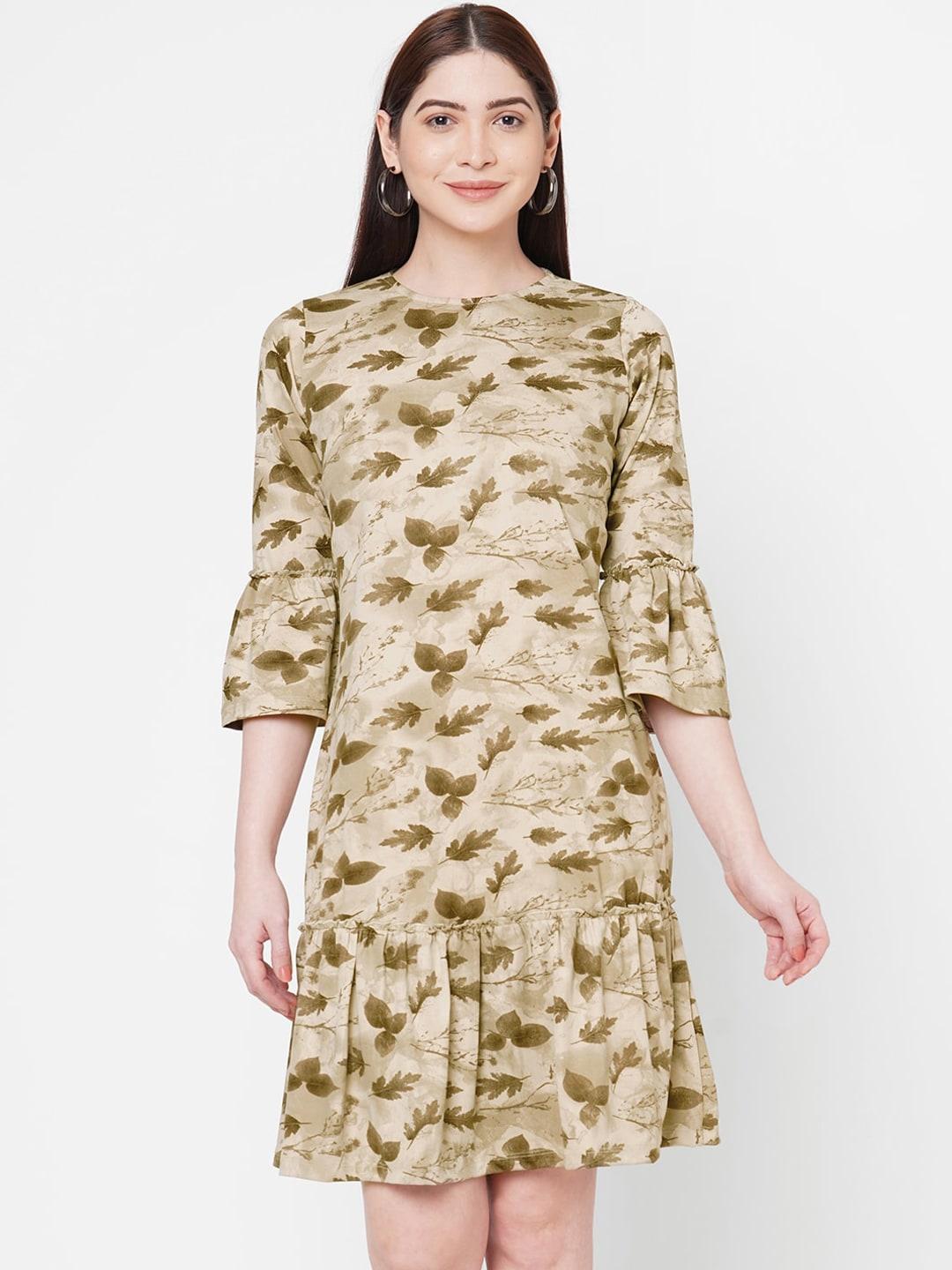 109F Women Beige Leaf Printed A-Line Dress