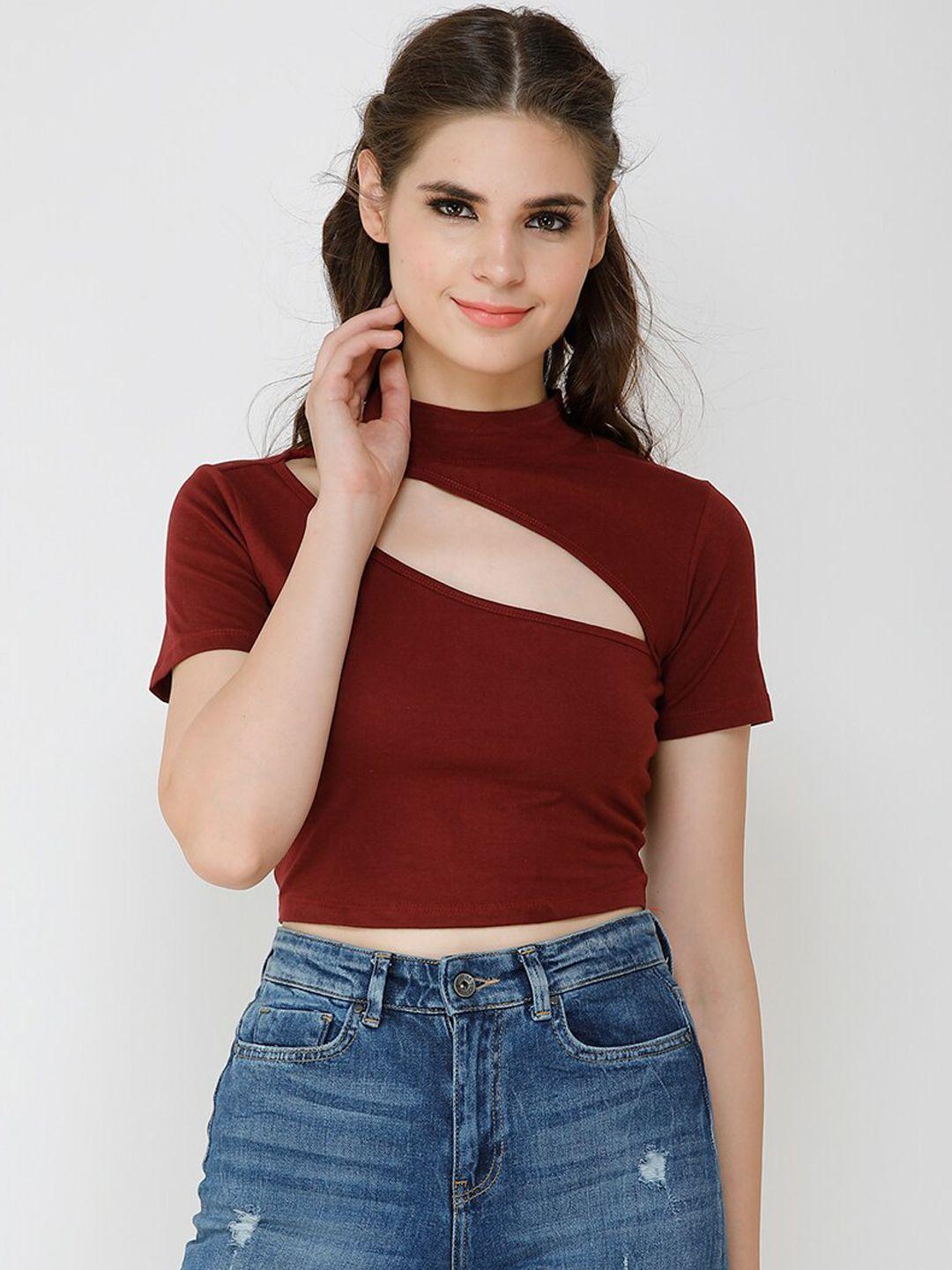 cation-maroon-pure-cotton-fitted-crop-top