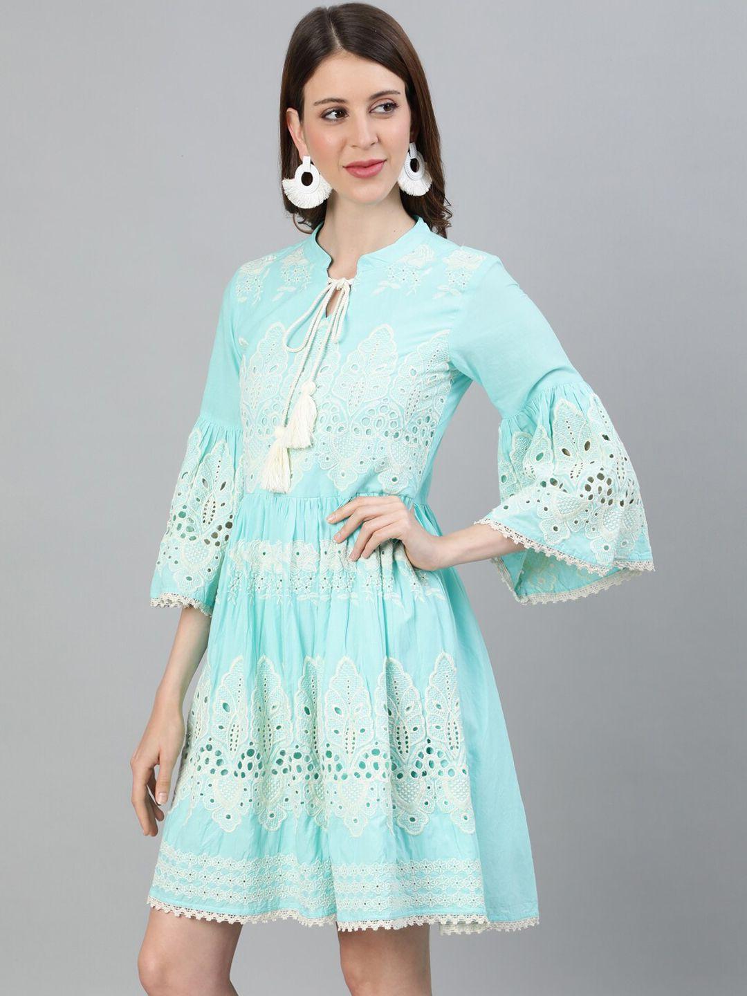 Ishin Women Turquoise Blue Schiffli Embroidered A-Line Dress