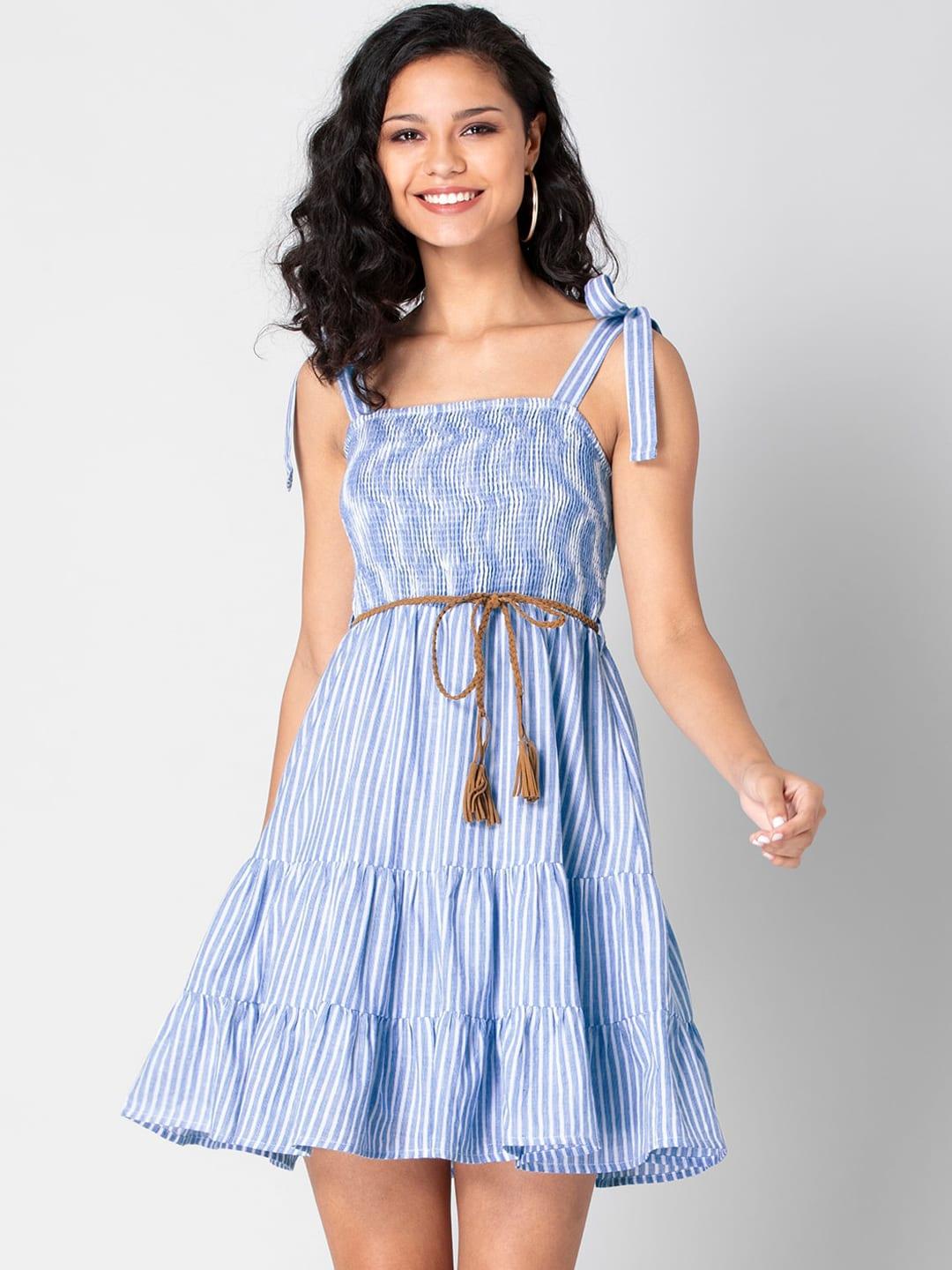 FabAlley Women Blue & White Striped Fit and Flare Dress