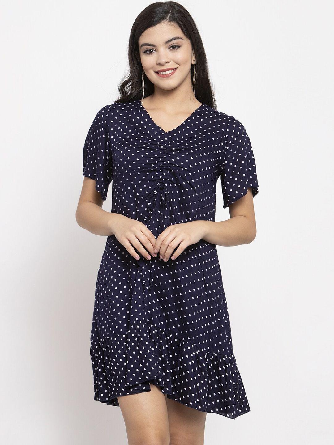 kassually-women-blue-&-white-printed-a-line-ruched-mini-dress