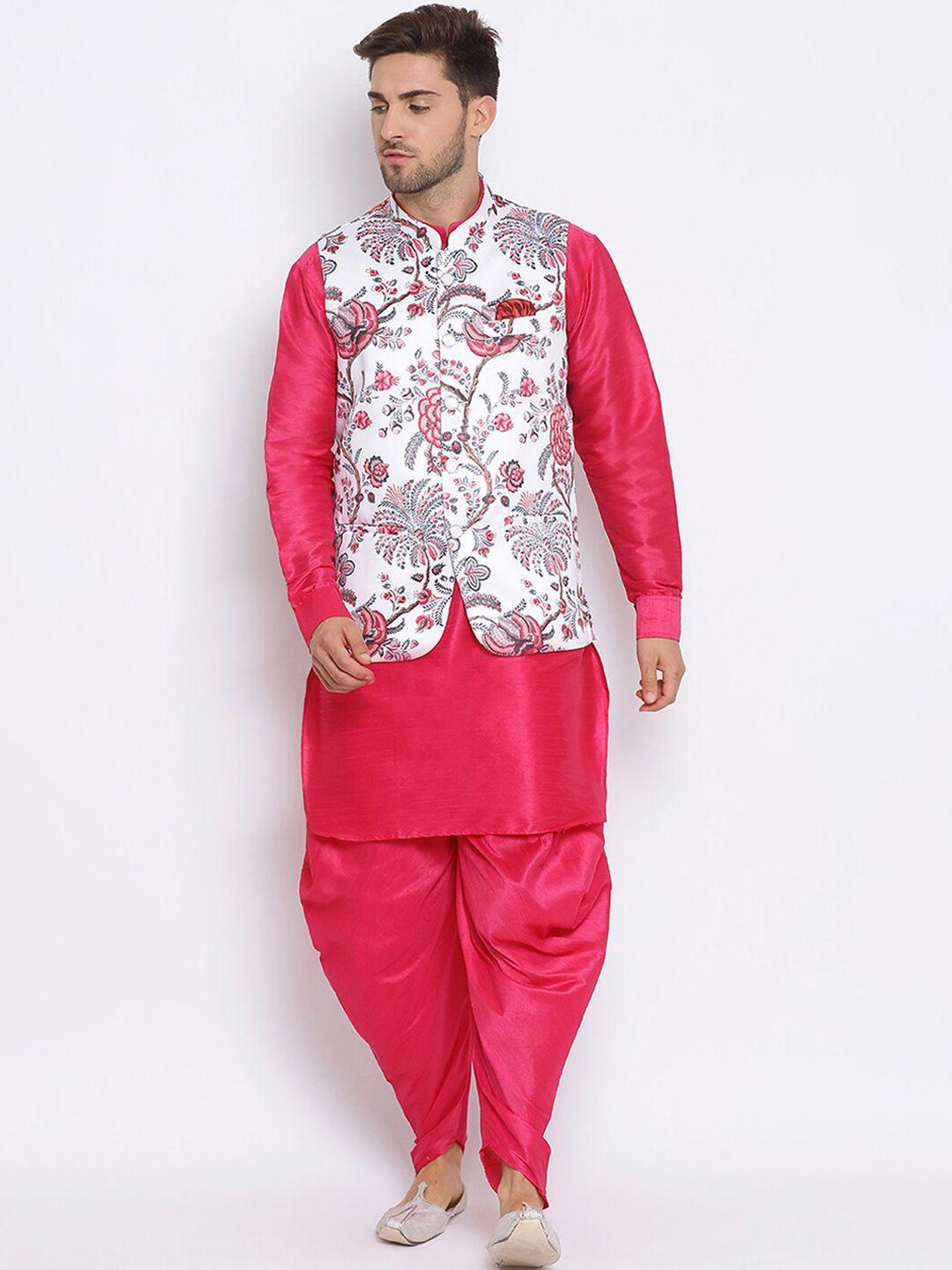 Hangup Men Pink & White Solid Dupion Silk Kurta with Patiala & Nehru Jacket