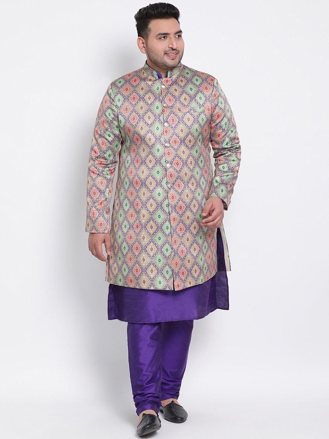 hangup-men-plus-size-beige-&-violet-printed-regular-fit-sherwani
