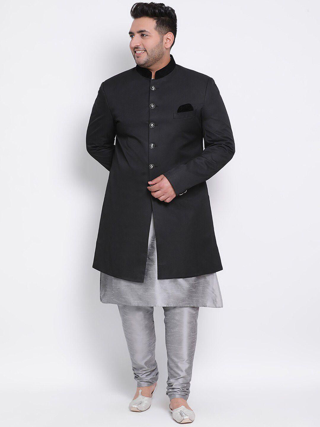 hangup-men-plus-size-black-&-grey-solid-sherwani