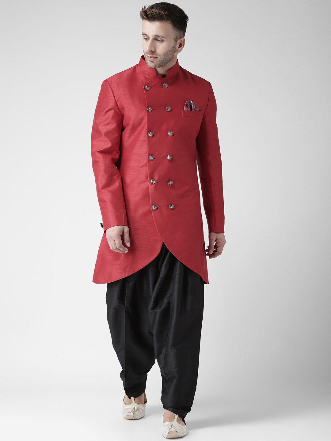 Hangup Men Red Solid Double Breasted Sherwani