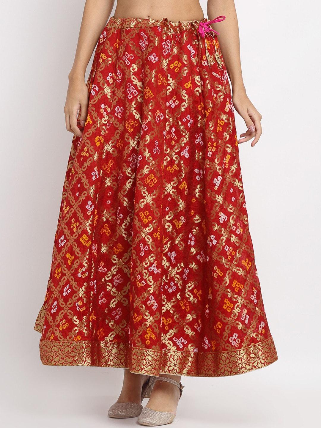 SOUNDARYA Women Red & Golden Printed & Zari Design Flared Maxi Skirt