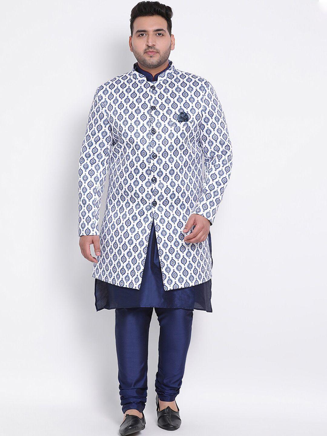 hangup-men-white-&-blue-printed-sherwani-set