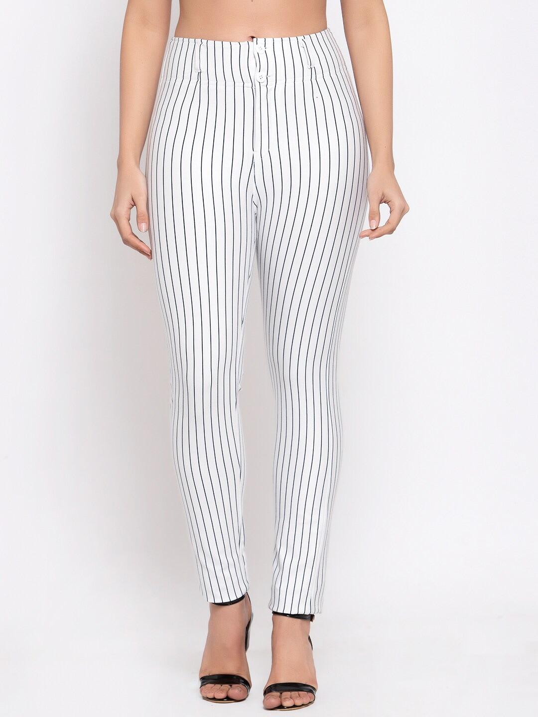 Prag & Co Women White & Black Striped Straight-Fit Cotton Treggings