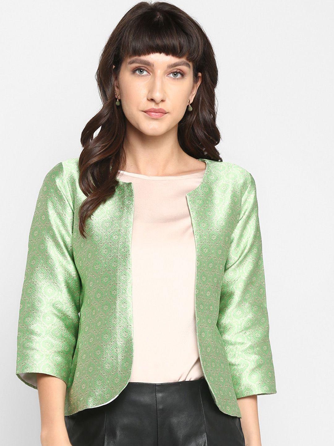 Hangup Women Green Self Design Lightweight Jacquard Open Front Jacket