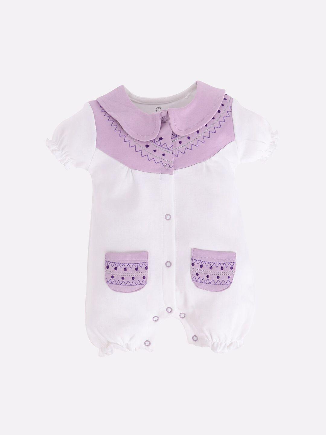 BABY GO Infant White & Purple Embroidered Pure Cotton Rompers