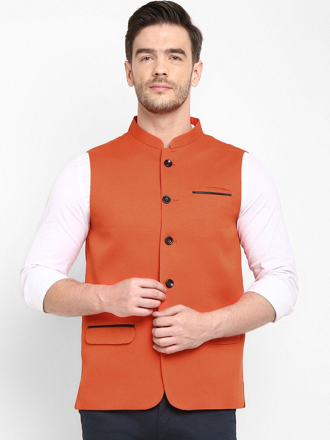 Hangup Men Orange Solid Woven Jute Silk Nehru Jacket