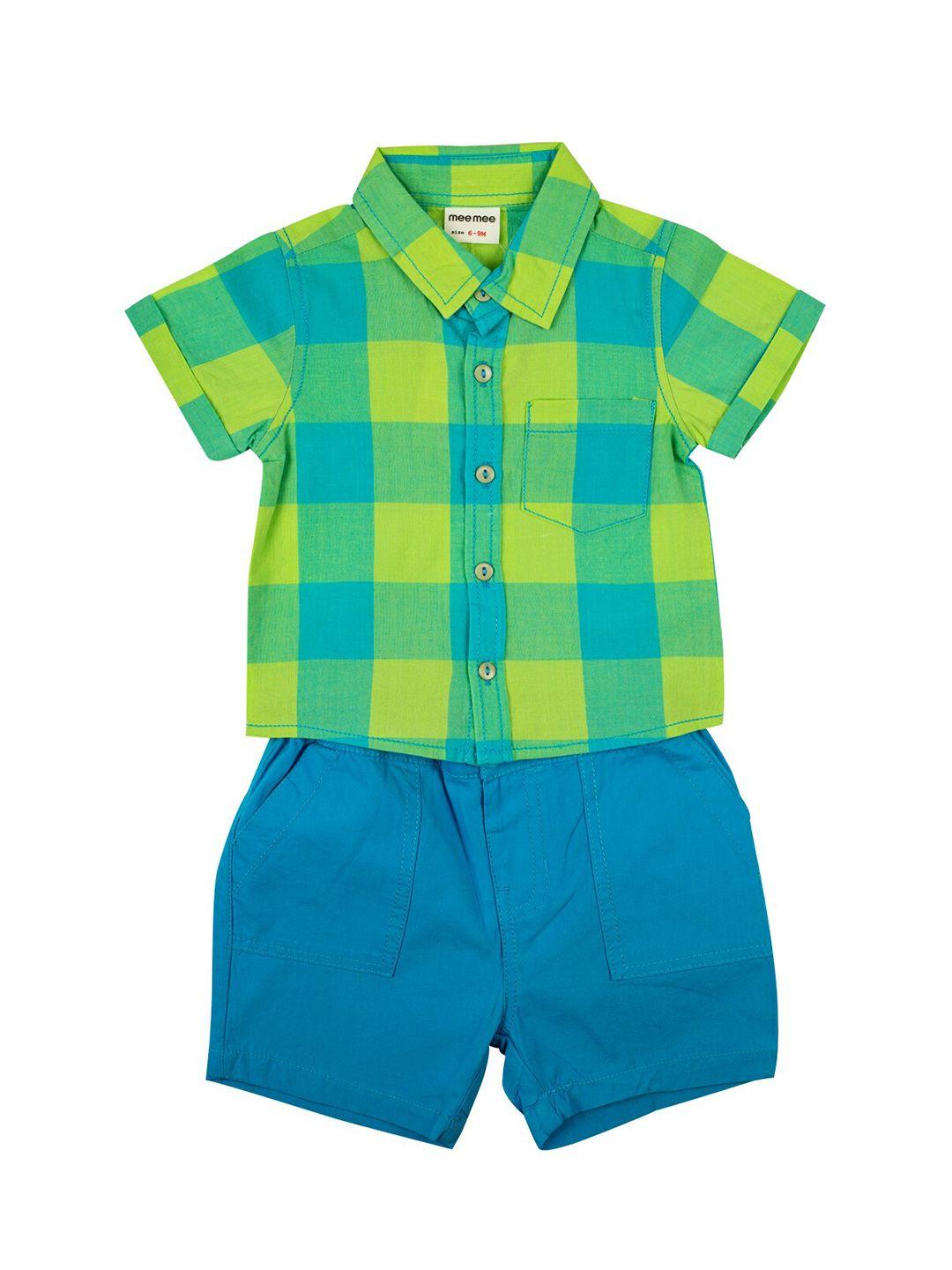 MeeMee Boys Lime Green & Turquoise Blue Checked Shirt with Shorts