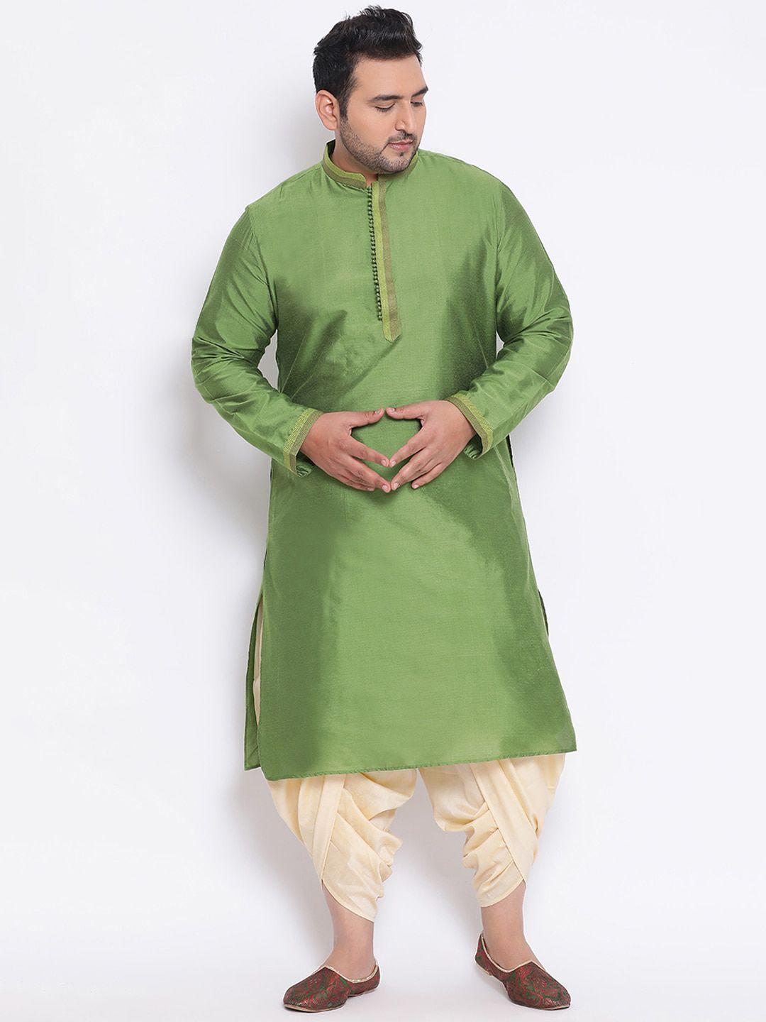 kisah-plus-men-plus-size-green-&-cream-coloured-solid-kurta-with-dhoti-pants