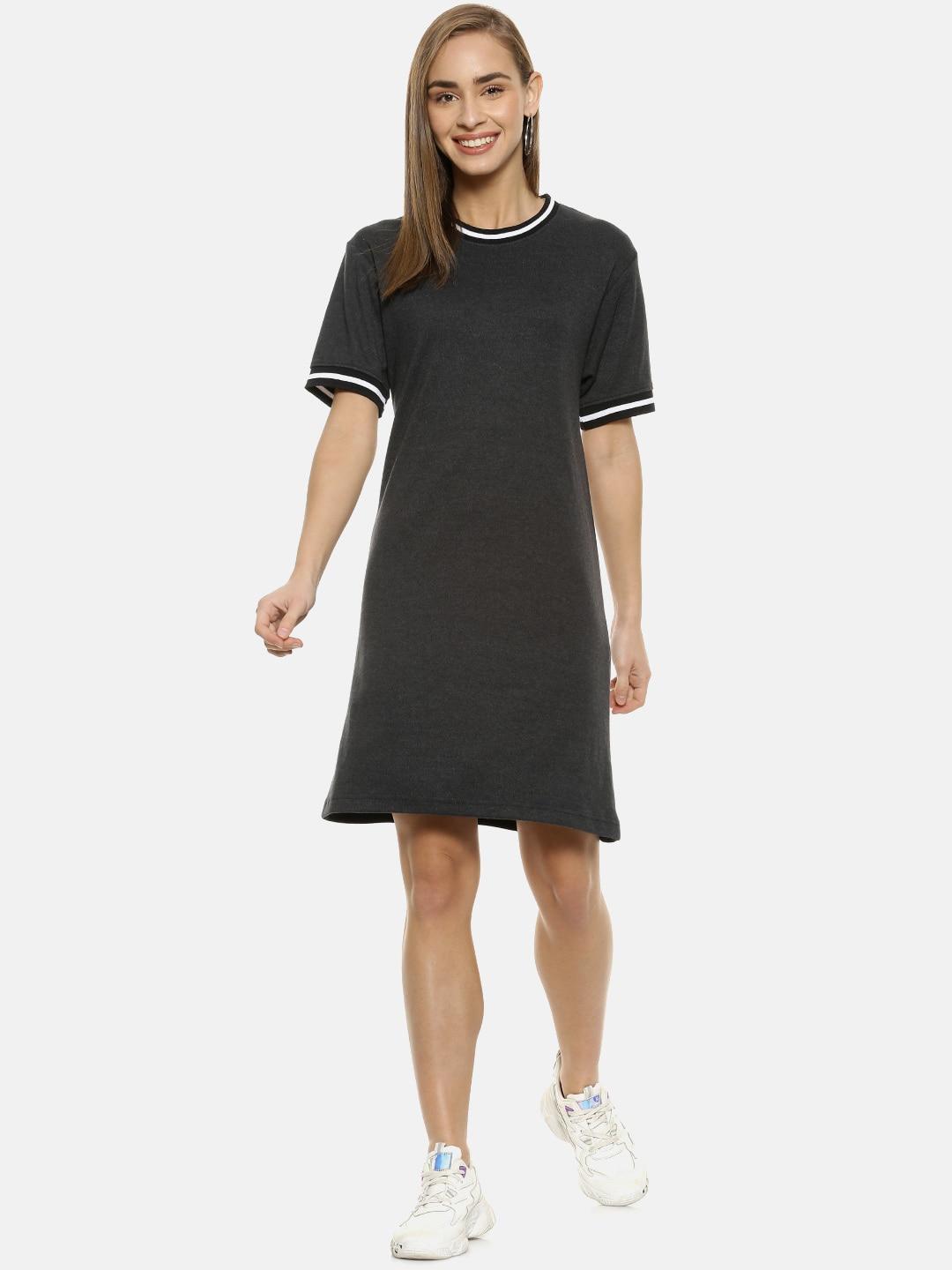 Campus Sutra Charcoal Grey Solid Knitted Cotton T-shirt Dress