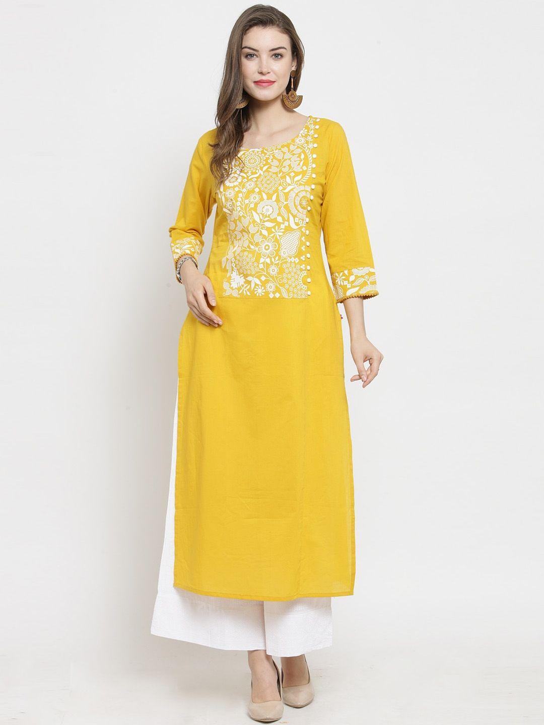 varanga-women-mustard-yellow-&-white-floral-printed-a-line-pure-cotton-kurta-with-palazzos
