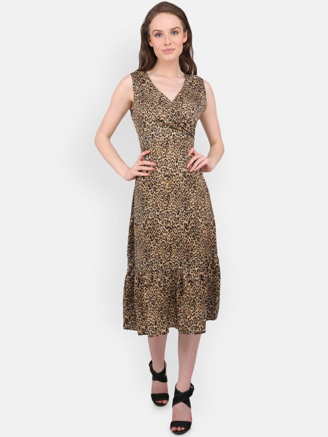 MARC LOUIS Brown & Beige Leopard Print Crepe A-Line Midi Dress