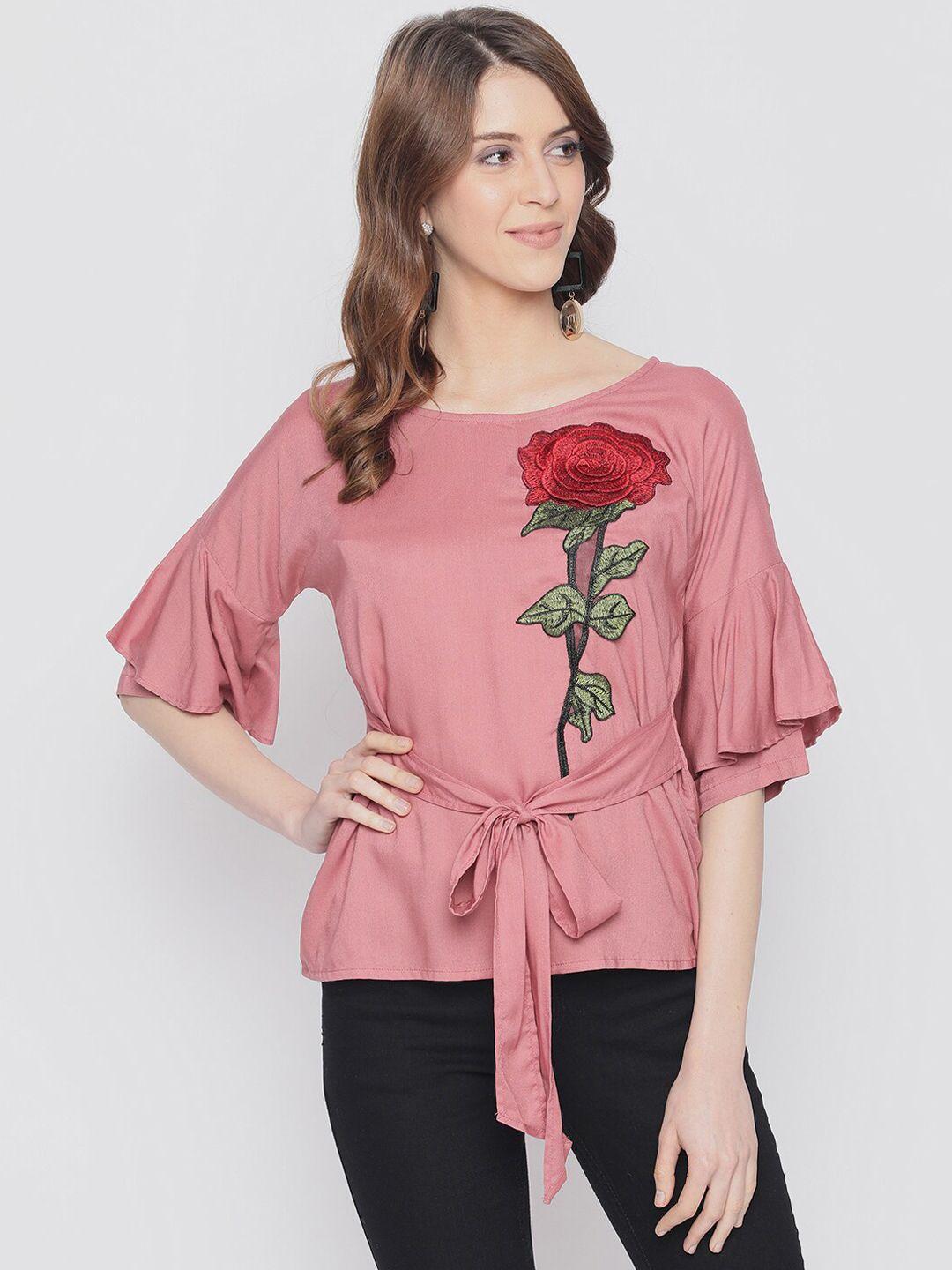 AKIMIA Rose & Red Floral Embroidered Cinched Waist Top
