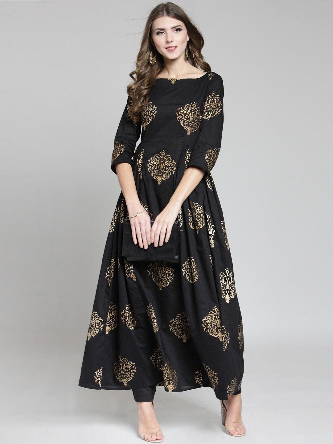 sera-women-black-floral-printed-pleated-a-line-pure-cotton-kurti-&-palazzos