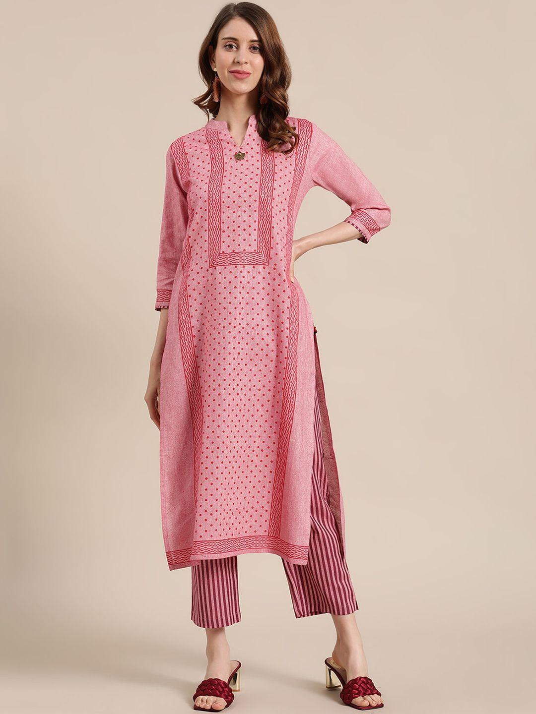 KSUT Women Pink Printed Regular Straight Kurta with Trousers