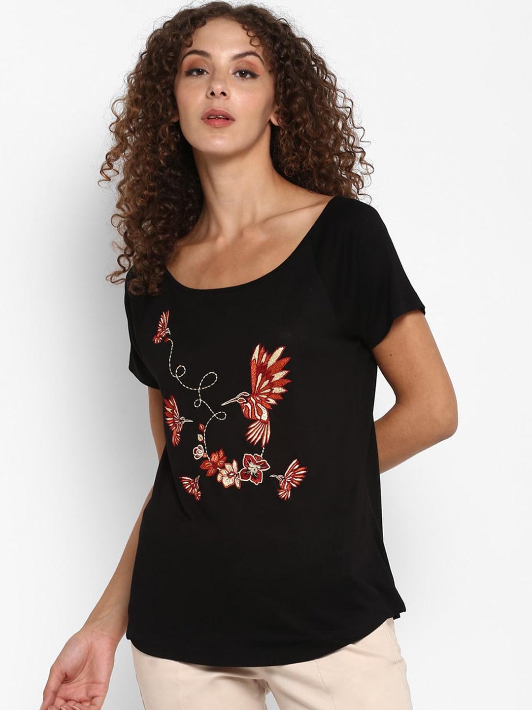 Taurus Black Floral Embroidered Regular Top