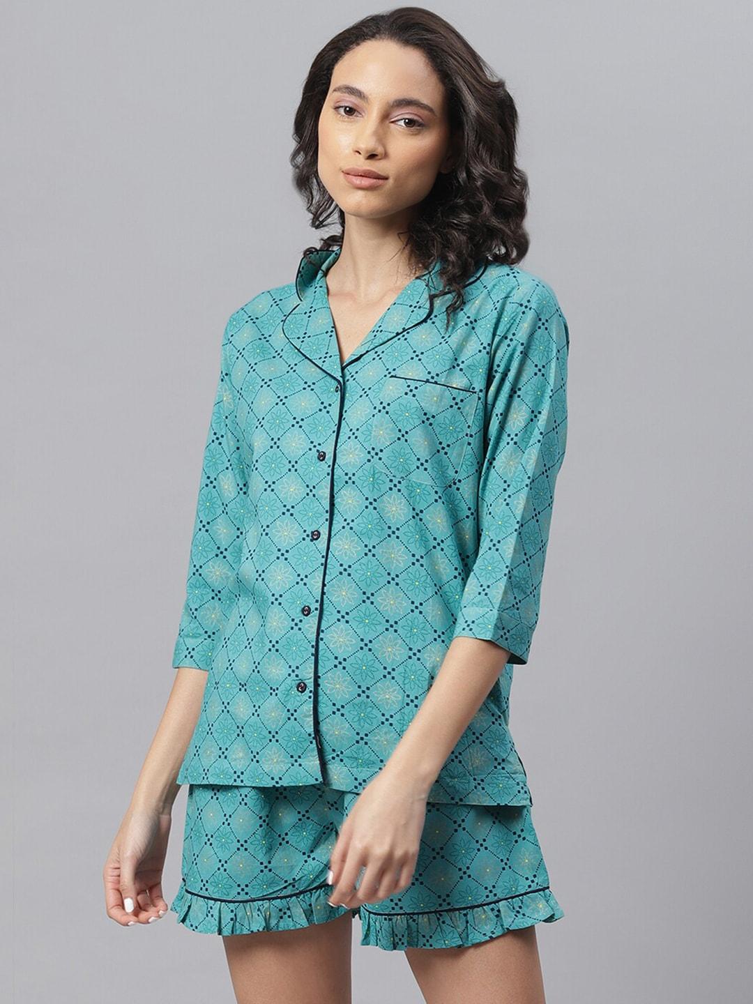 janasya-women-turquoise-blue-&-white-printed-night-suit