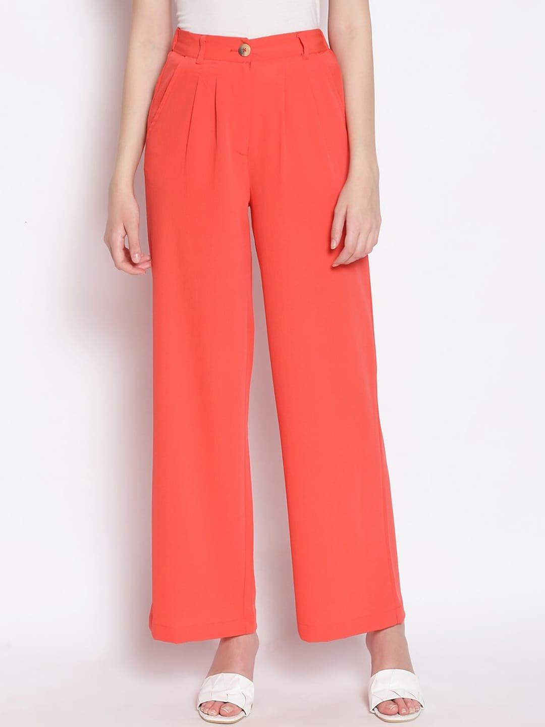 Oxolloxo Women Orange Solid Pleated Parallel Trousers