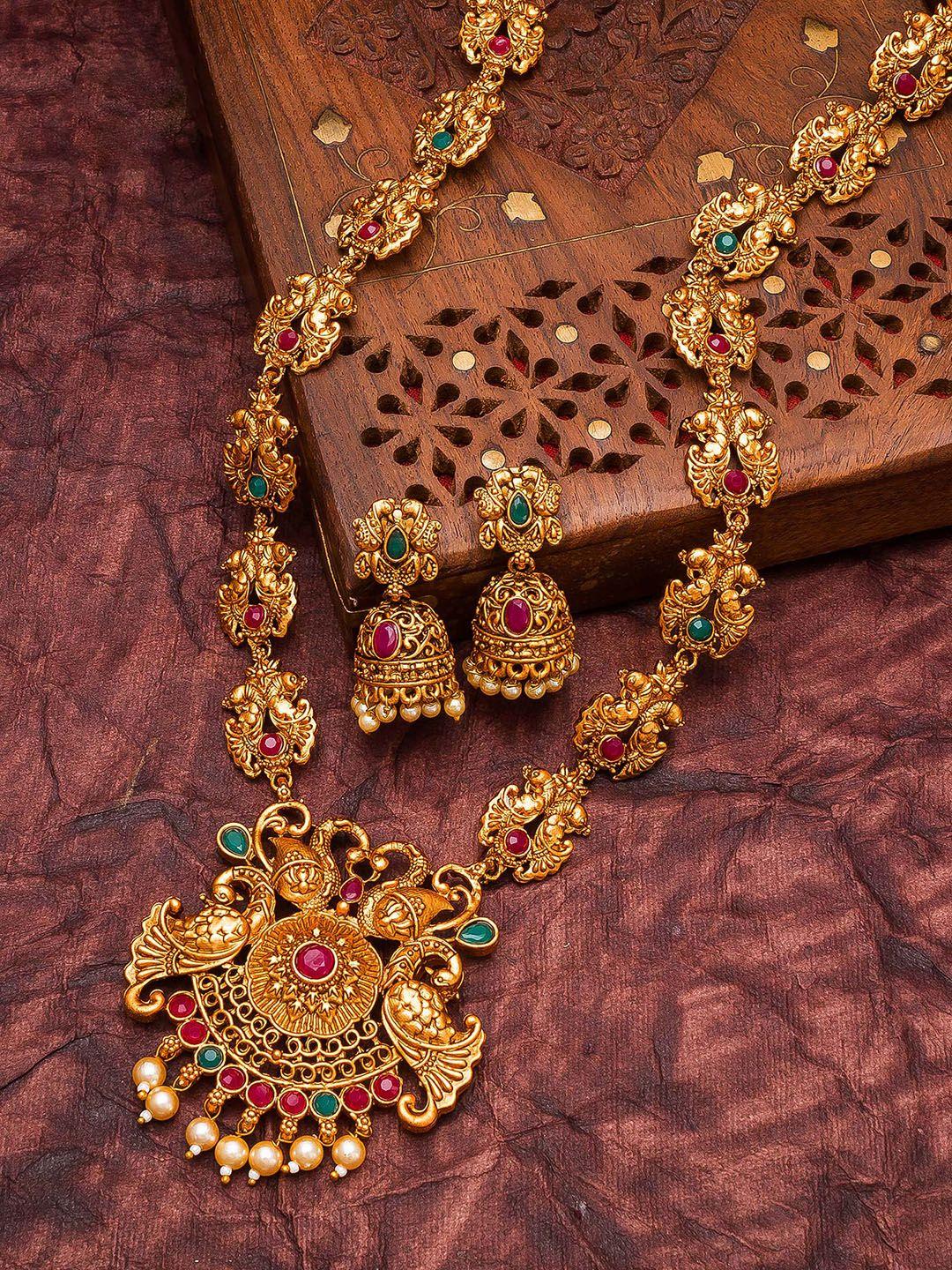 aadita Gold-Plated Pink & Green Stone-Studded & Beaded Temple Jewellery Set