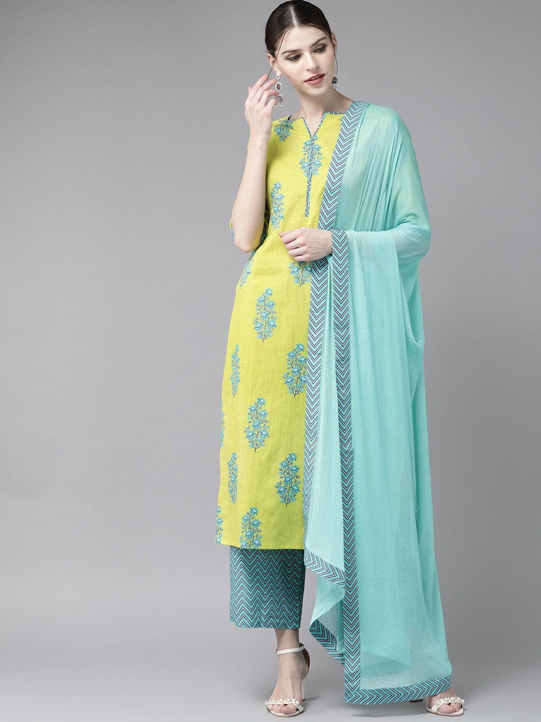 libas-women-green-floral-printed-pure-cotton-kurta-with-trousers-&-with-dupatta
