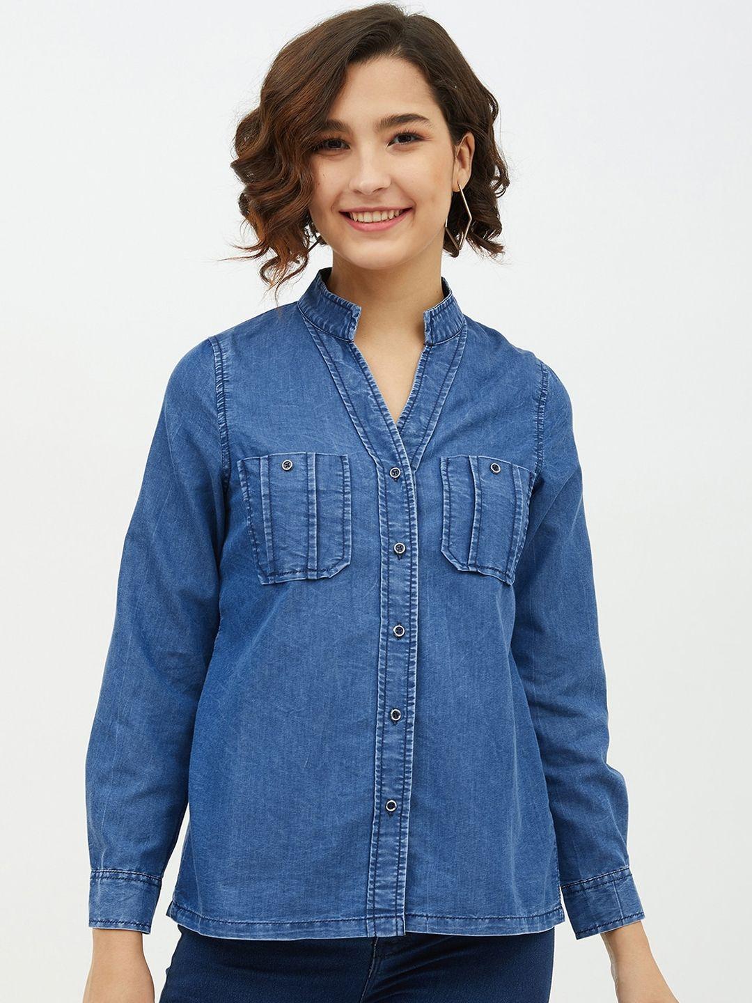 StyleStone Women Blue Comfort Regular Fit Solid Denim Casual Shirt