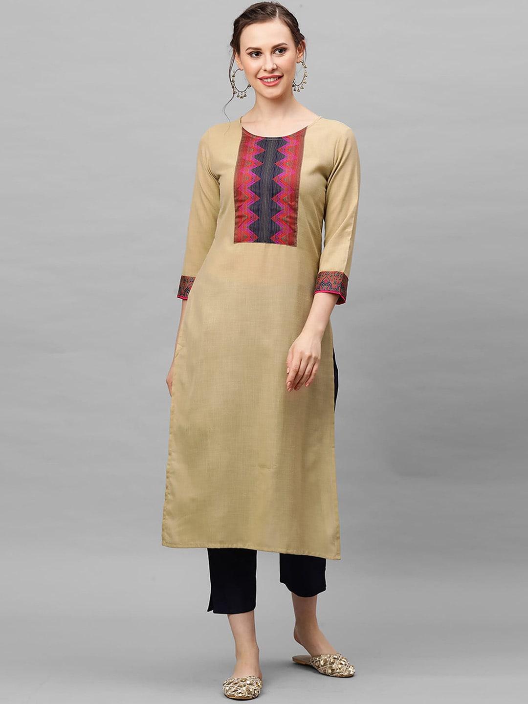 indo-era-women-beige-geometric-embroidered-keyhole-neck-thread-work-kurta