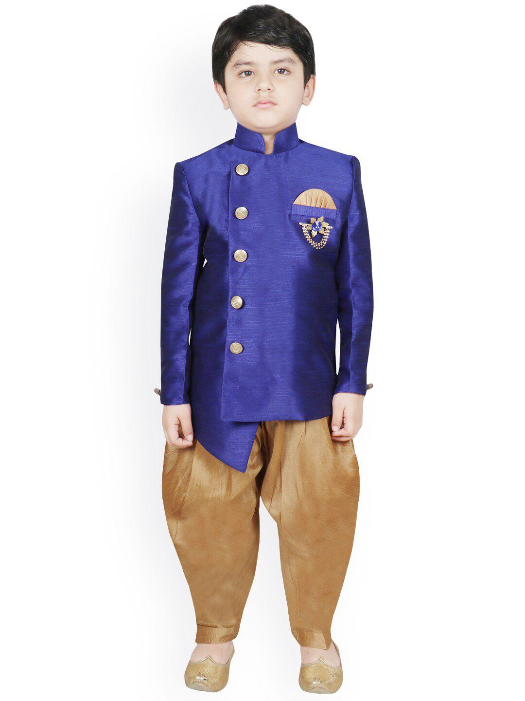 sg-yuvraj-boys-blue-&-gold-coloured-solid-sherwani-with-dhoti-pants