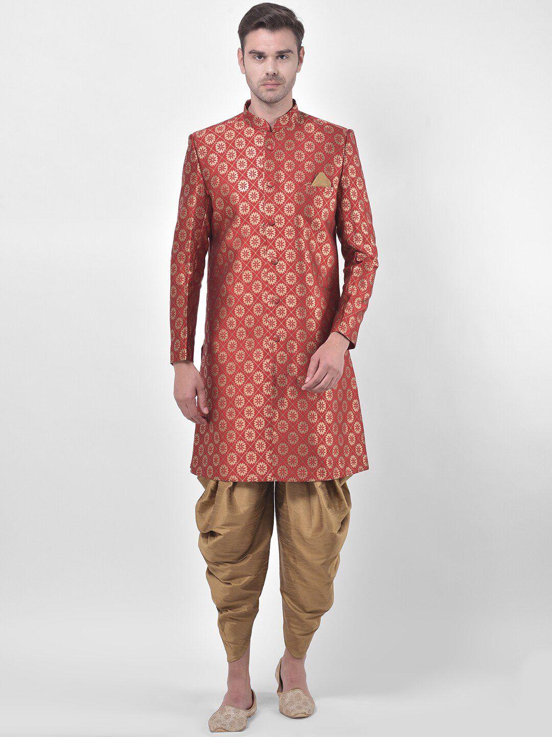 deyann-plus-men-red-&-gold-coloured-woven-design-jacquard-&-dupion-silk-sherwani-set