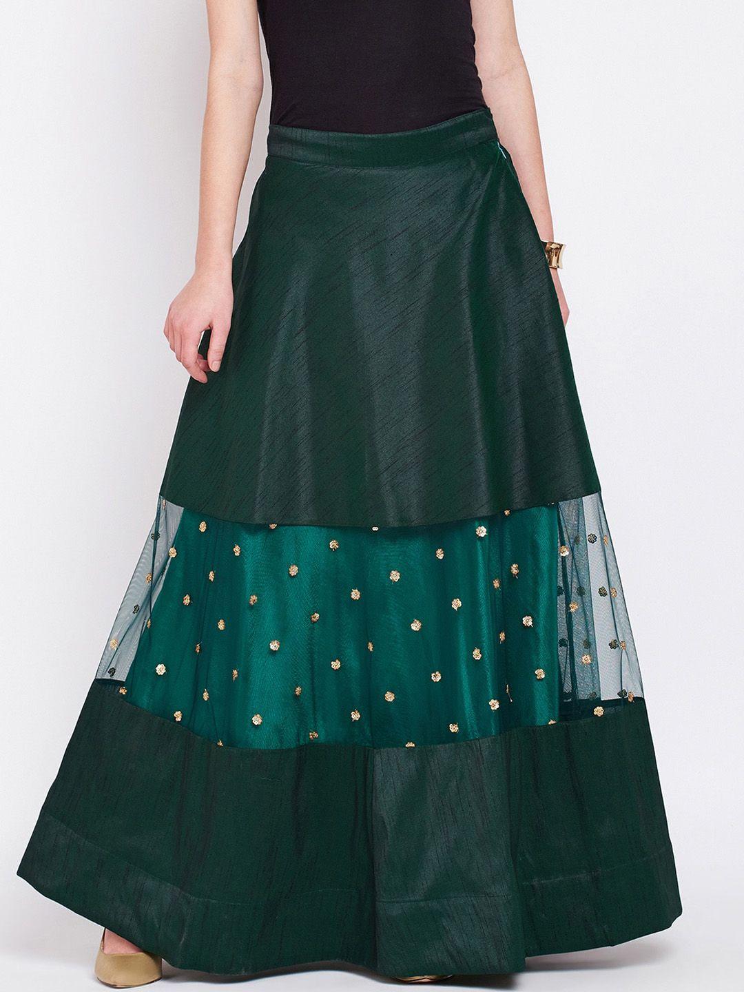 studio rasa Women Green Solid Dupion Silk Flared Maxi Skirt