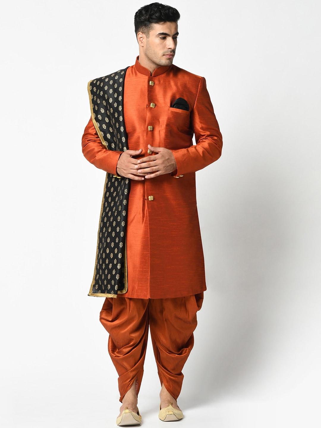 deyann-men-rust-orange-woven-design-dupion-silk-sherwani-with-dhoti-pants-&-dupatta