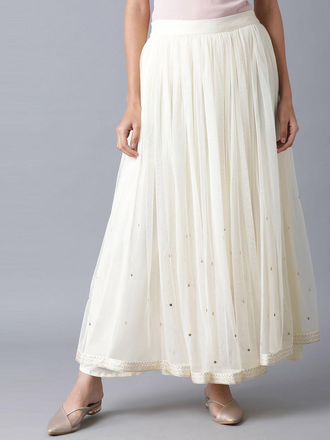 W Off White Embellished Flared Maxi Skirt