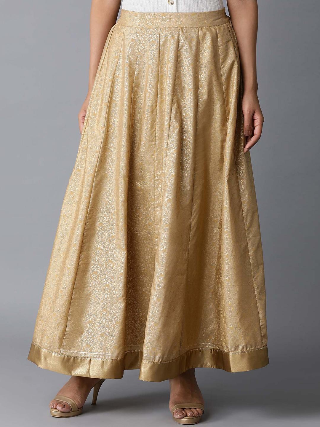 W Women Gold-Coloured Paisley Printed Flared Maxi Skirt