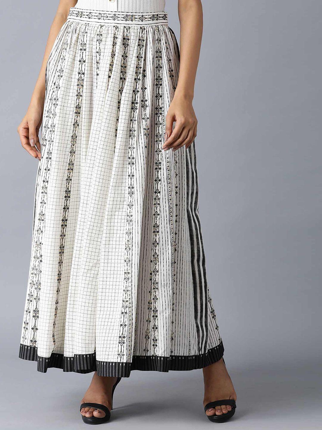 W Women Off White & Black Printed Flared Maxi Skirt