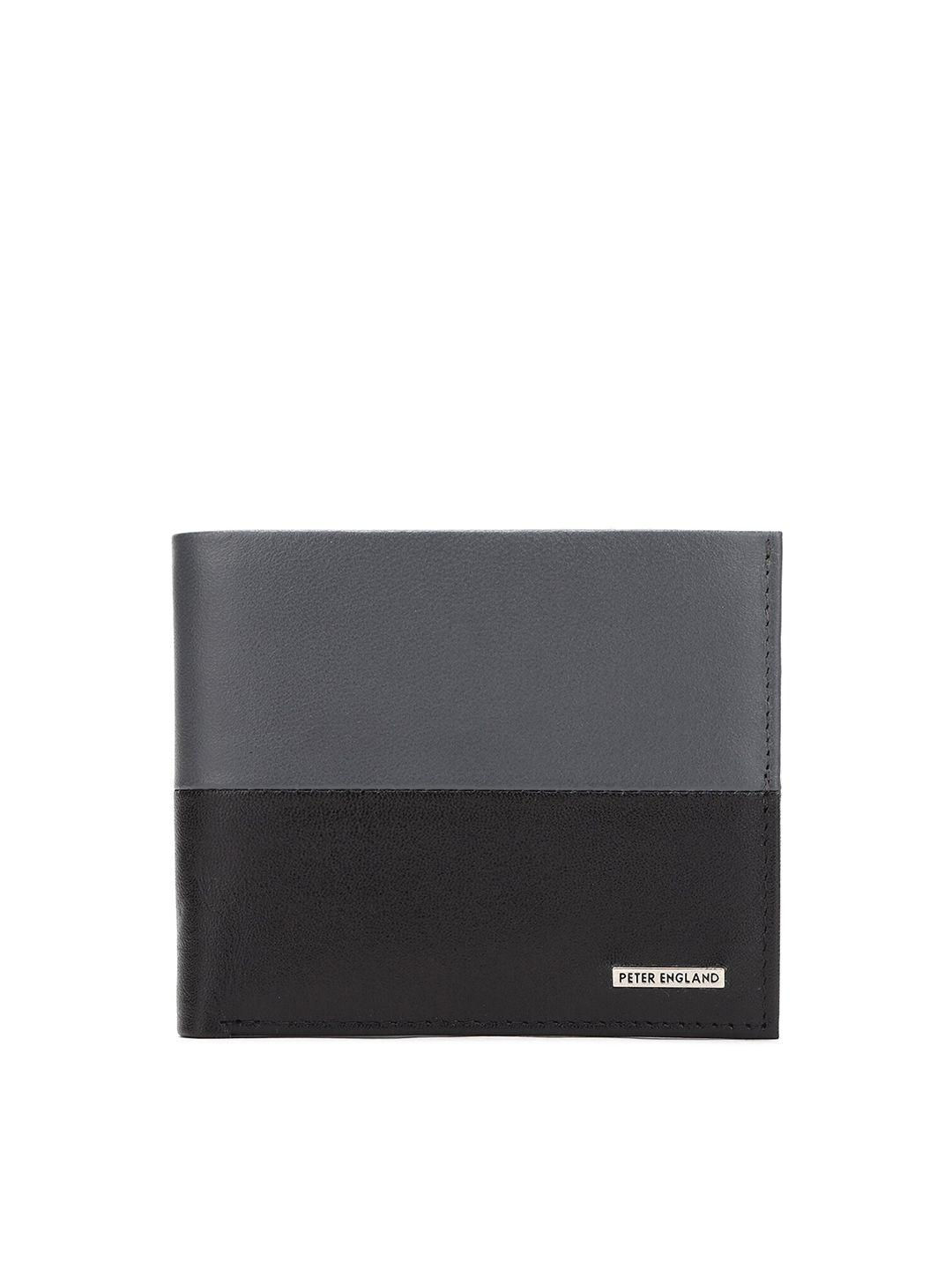 Peter England Men Grey & Black Colourblocked Leather Two Fold Wallet