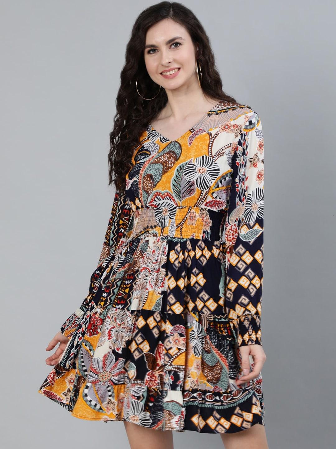 Ishin Multicoloured Tropical Print Fit and Flare Dress