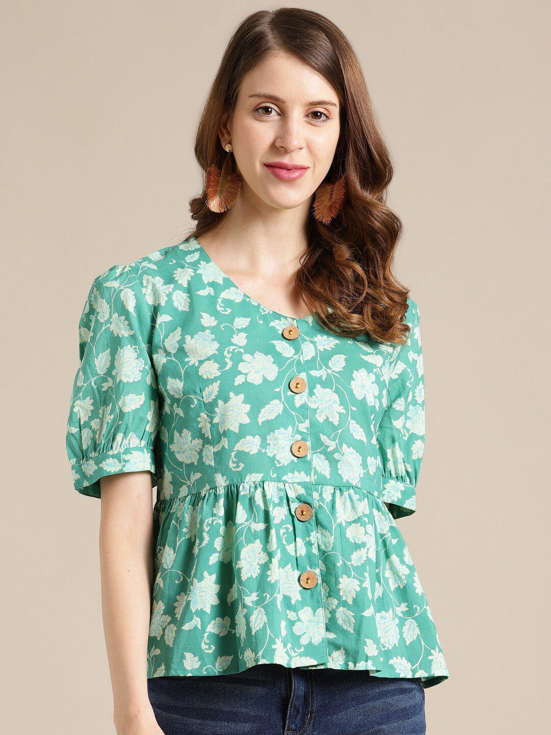 varanga-green-floral-printed-puff-sleeve-cinched-waist-top