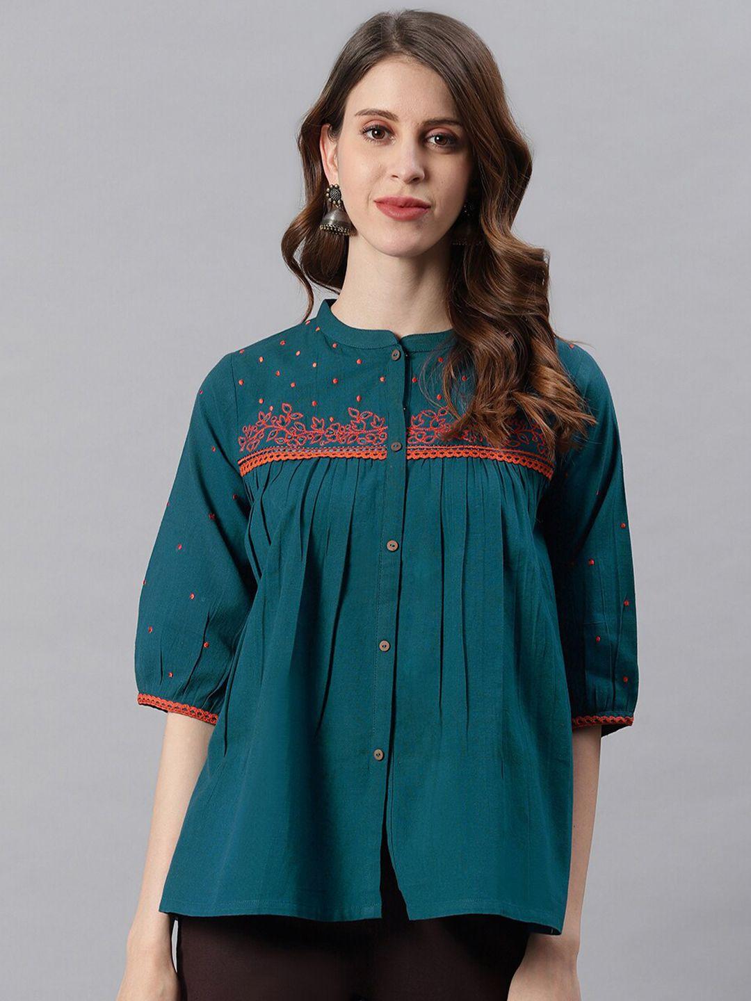 Janasya Teal Mandarin Collar Puff Sleeve Shirt Style Top