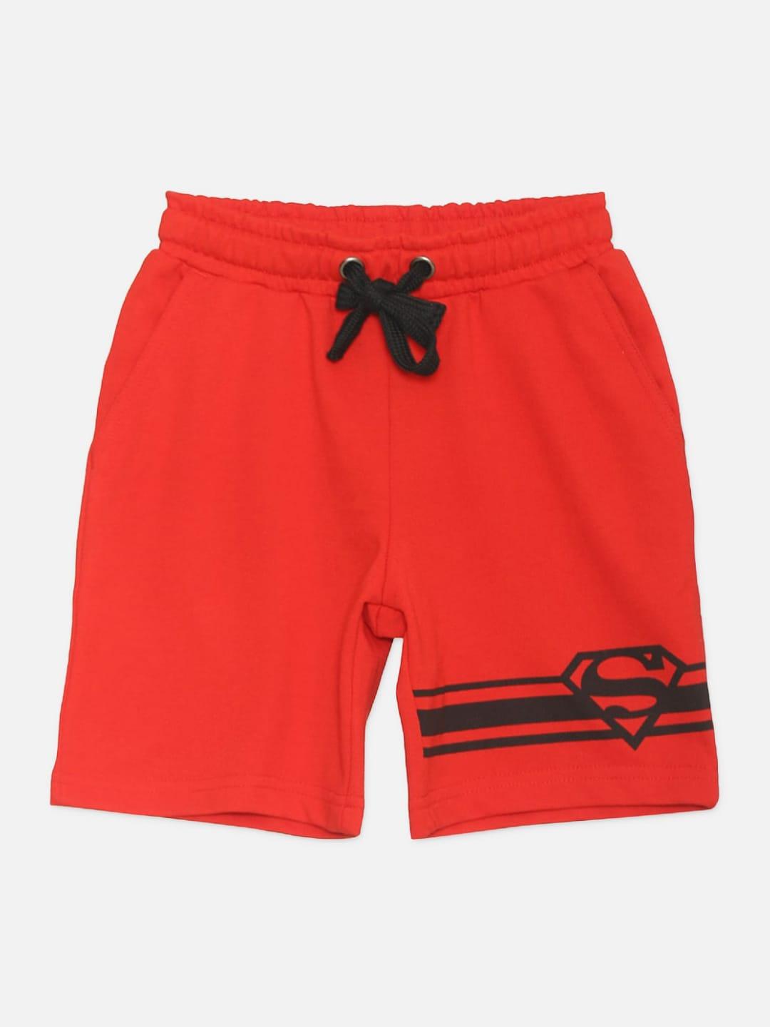 Kids Ville Boys Red Superhero Printed Superman Mid-Rise Cotton Regular Shorts