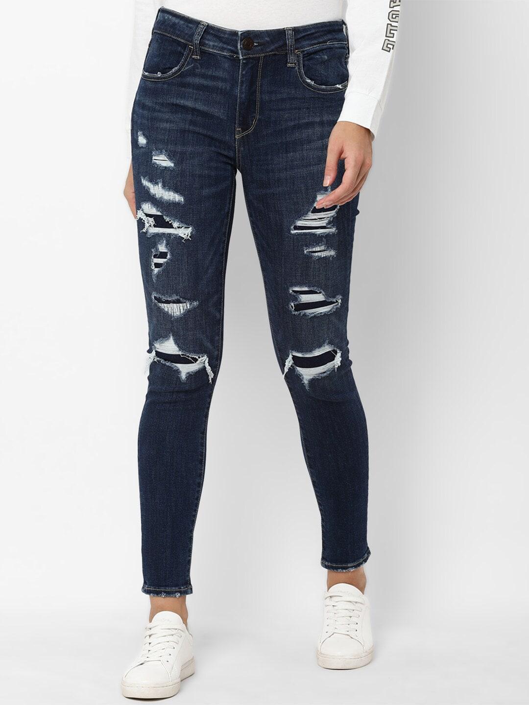 AMERICAN EAGLE OUTFITTERS Women Navy Blue Distressed Jeggings
