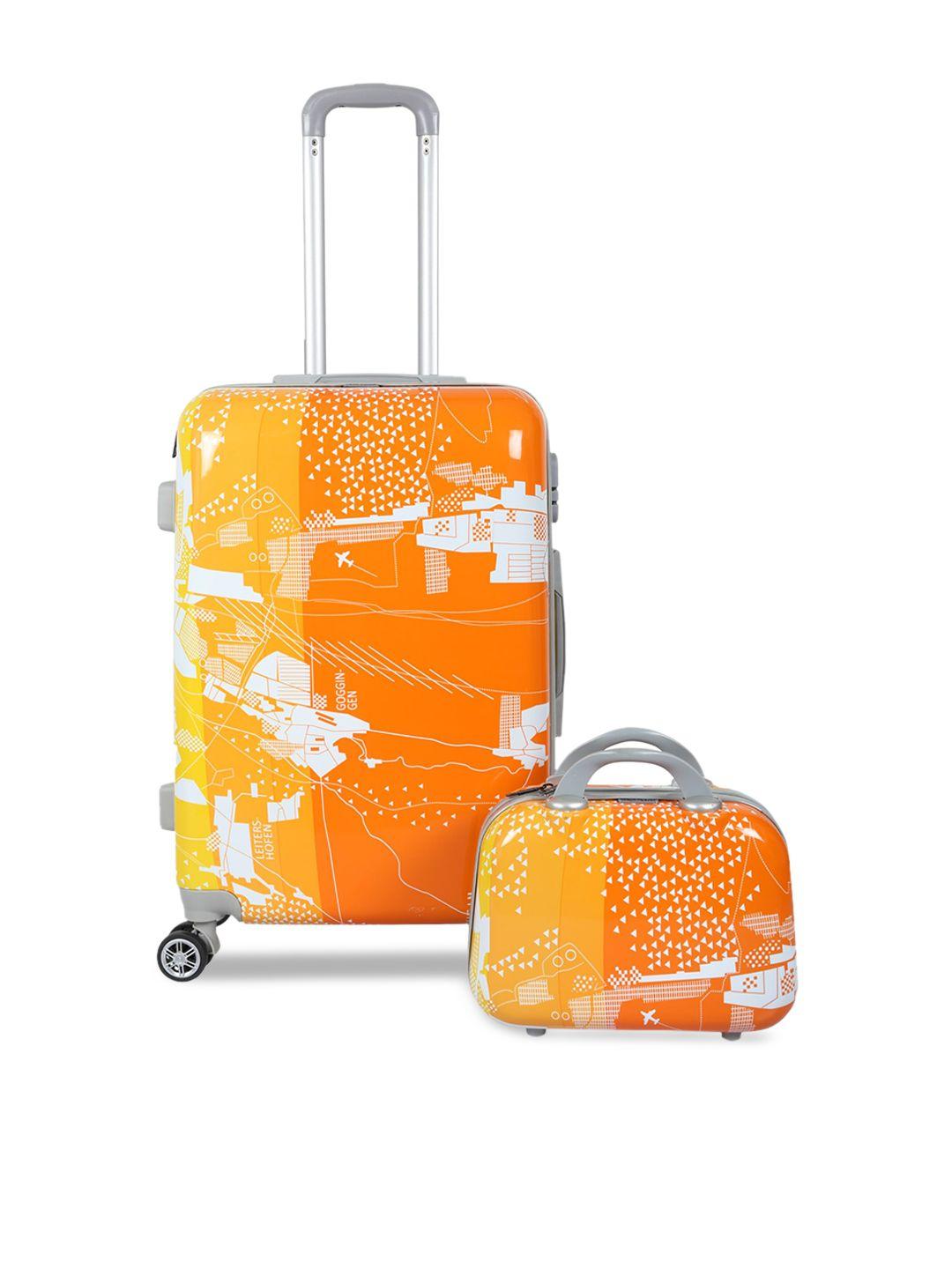Polo Class Orange Printed Trolley Bag with Vanity Bag
